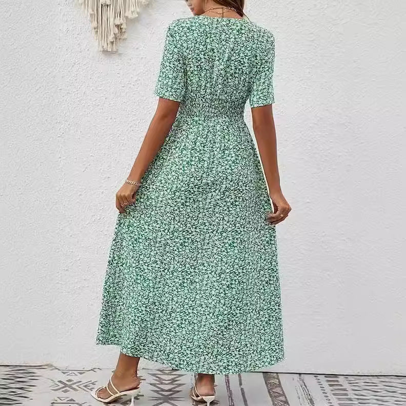 Summer New V-neck Printed Short Sleeve Dress Women