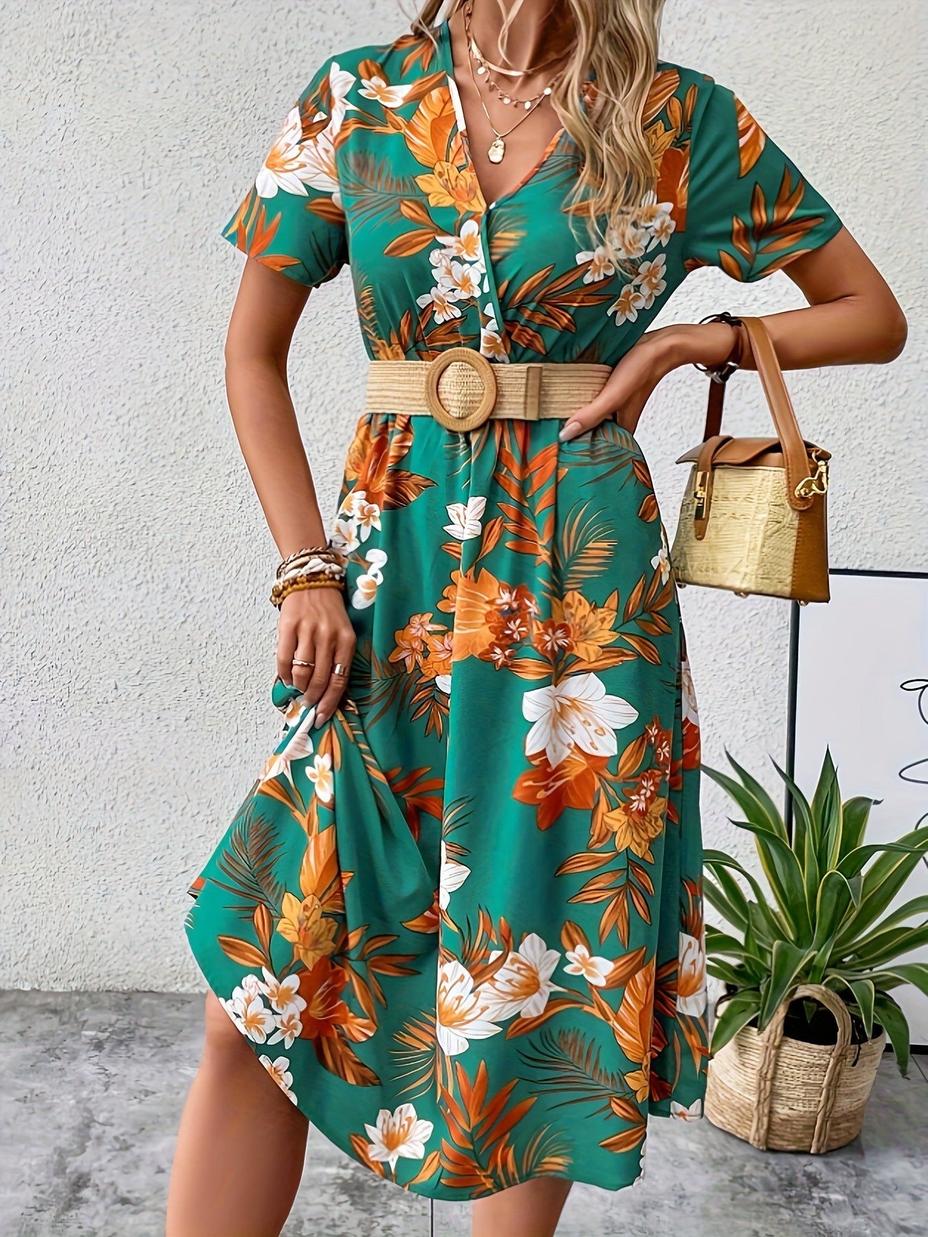 Floral Midi Dress With V-Neck and Short Sleeves