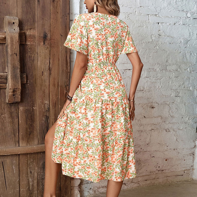 Women's Fashion Vintage Floral V-Neck Midi Dress