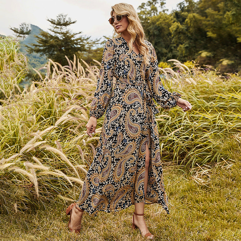 Women's Floral Wrap Dress with V-Neck and Long-Sleeved