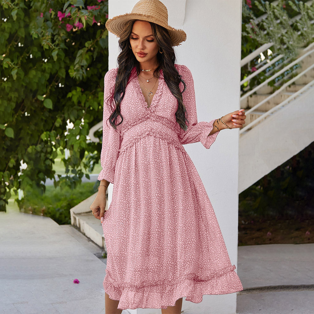 European and American V-Neck Simple Print Dress