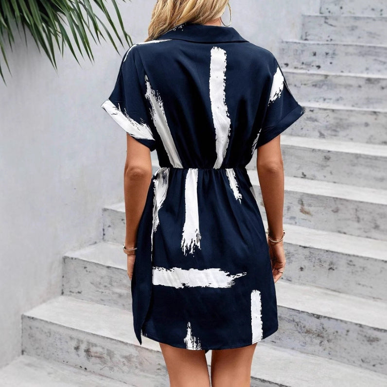 European American Summer New Women's V-neck Short Sleeve Printed Waist