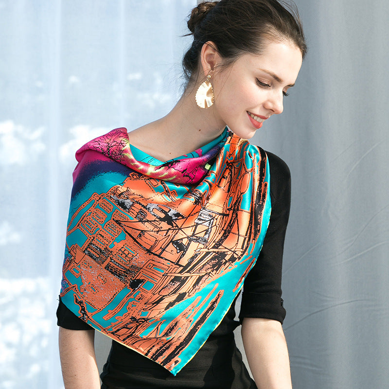 Large Square Scarf Silk Blue