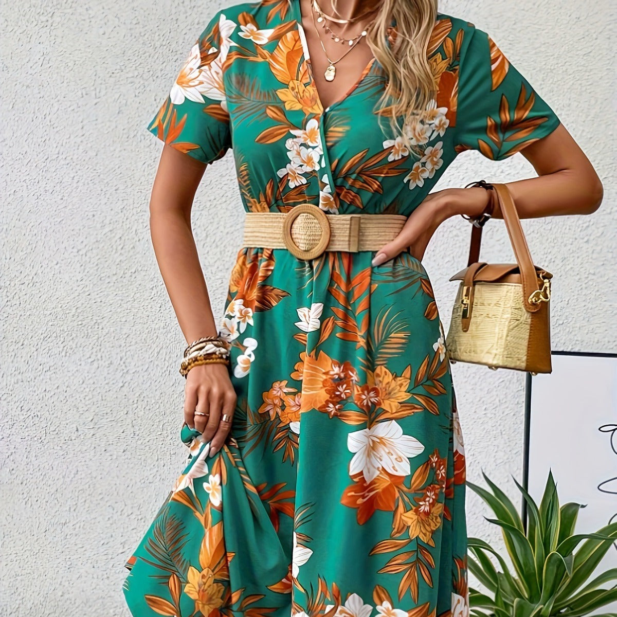 Floral Midi Dress With V-Neck and Short Sleeves
