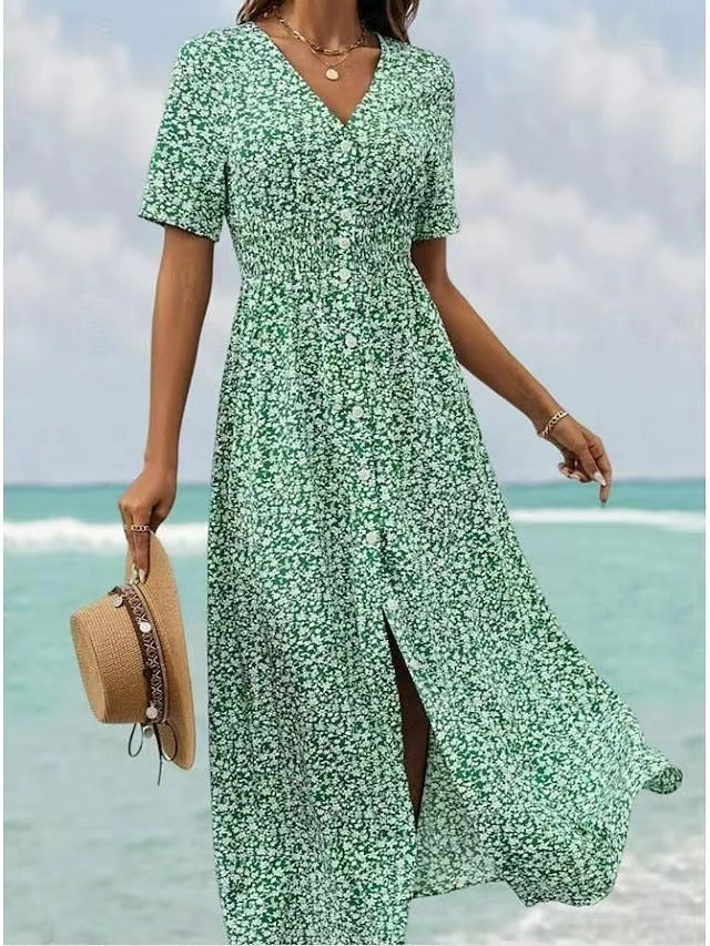 Summer New V-neck Printed Short Sleeve Dress Women