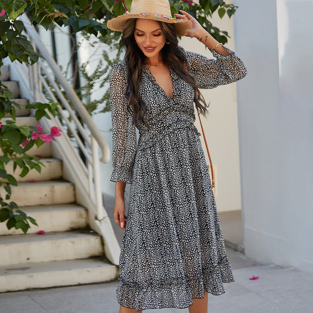 European and American V-Neck Simple Print Dress