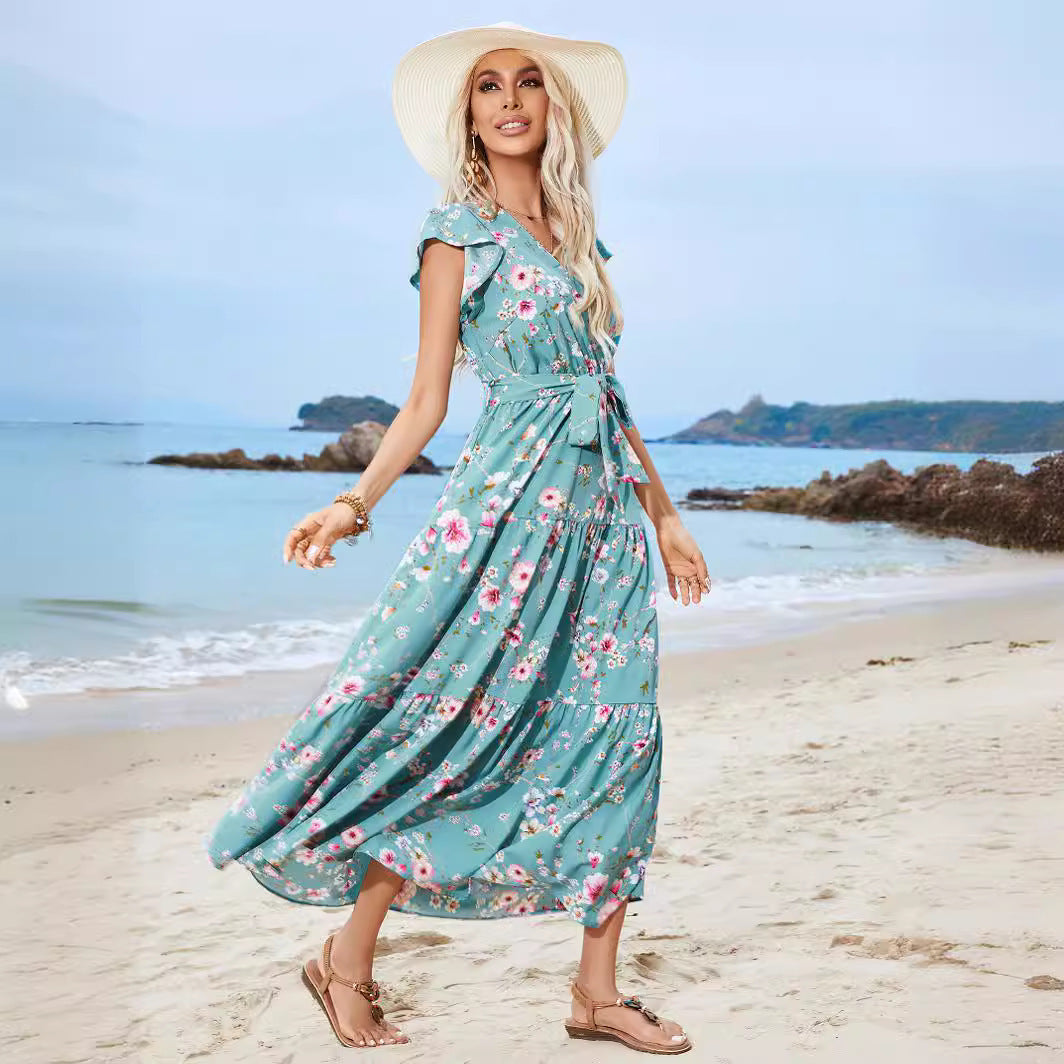 European And American Printed Waist Girdling Band V-Neck Dress