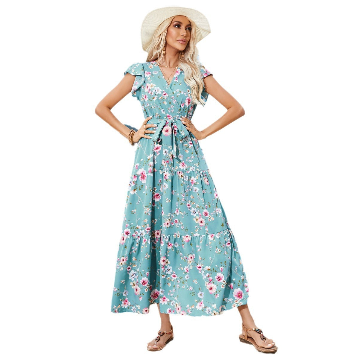 European And American Printed Waist Girdling Band V-Neck Dress