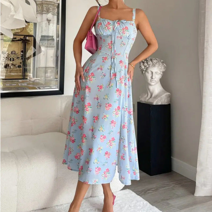Women's Chest Strap Midi Floral Dress