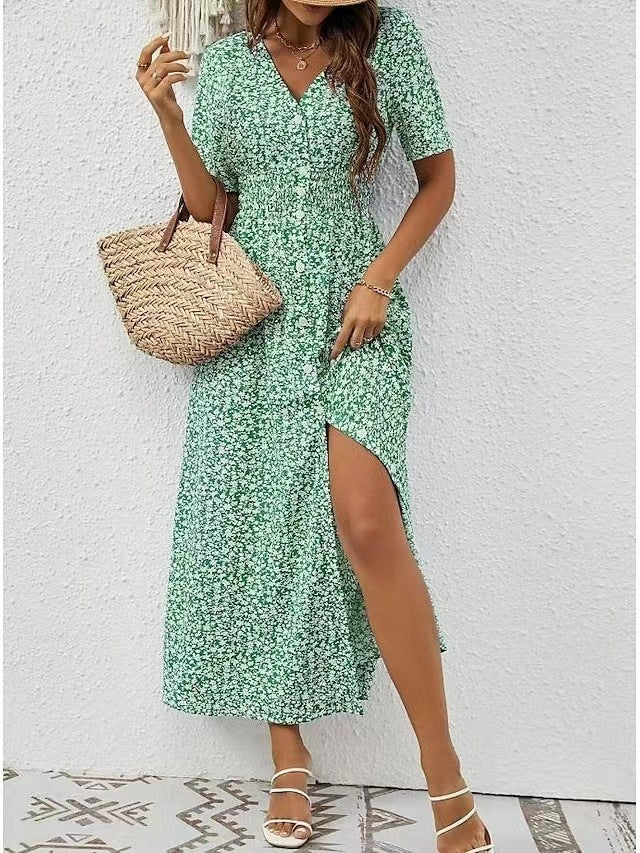 Summer New V-neck Printed Short Sleeve Dress Women