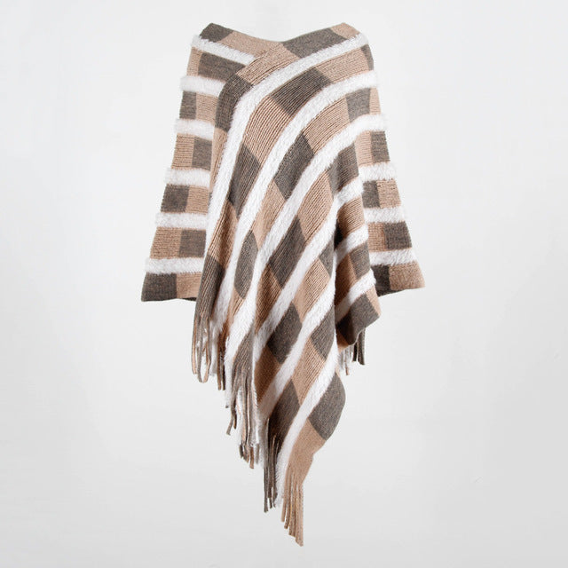 V-neck striped fringed shawl