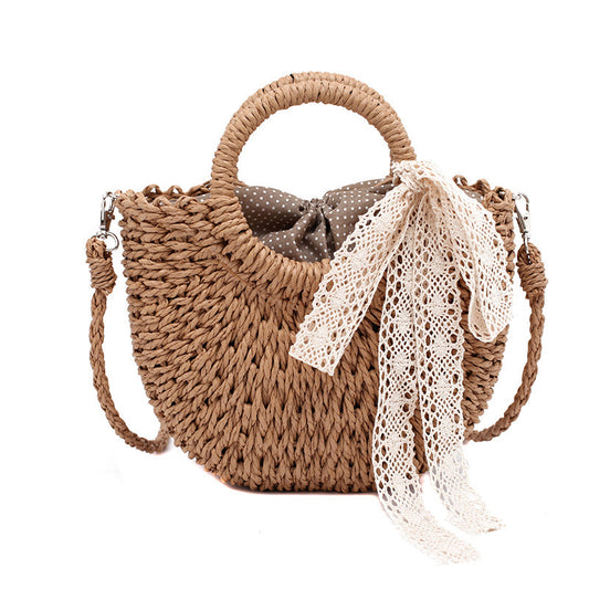 Women Woven Handbag Moon Shape Lace Bow Rattan