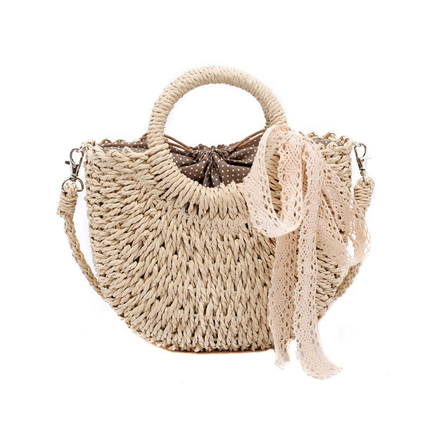 Women Woven Handbag Moon Shape Lace Bow Rattan