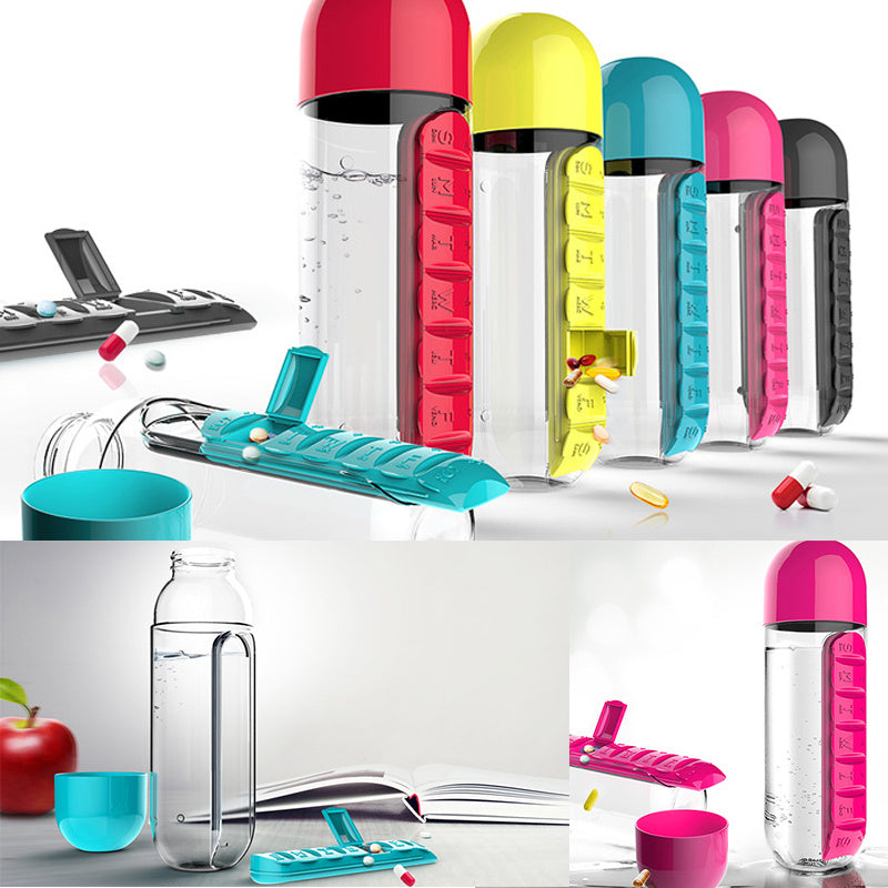 Water Bottle With Pillbox Plastic Drink  With Medicine Pills Box Travel 7 Days Drug Organizer Drinking Container