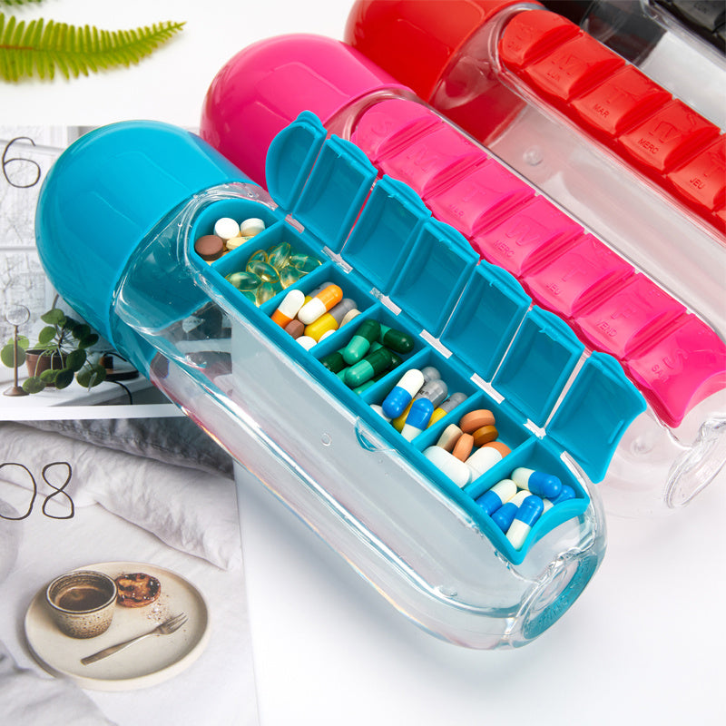 Water Bottle With Pillbox Plastic Drink  With Medicine Pills Box Travel 7 Days Drug Organizer Drinking Container