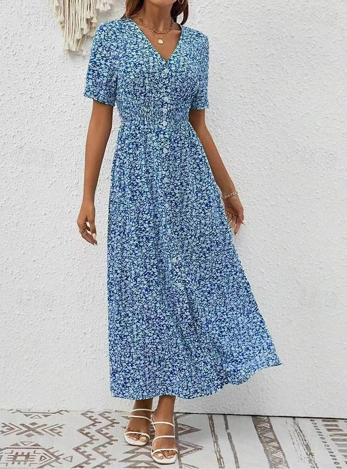 Summer New V-neck Printed Short Sleeve Dress Women