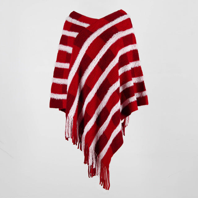 V-neck striped fringed shawl