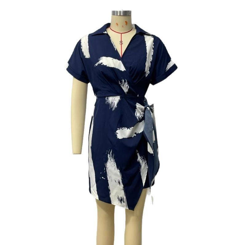 European American Summer New Women's V-neck Short Sleeve Printed Waist