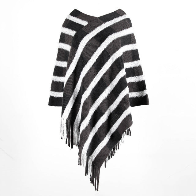 V-neck striped fringed shawl