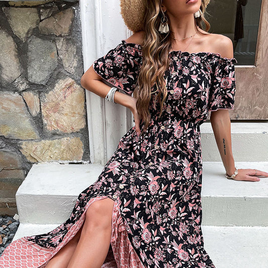 Black Floral Print Midi Dress With Slip Neck