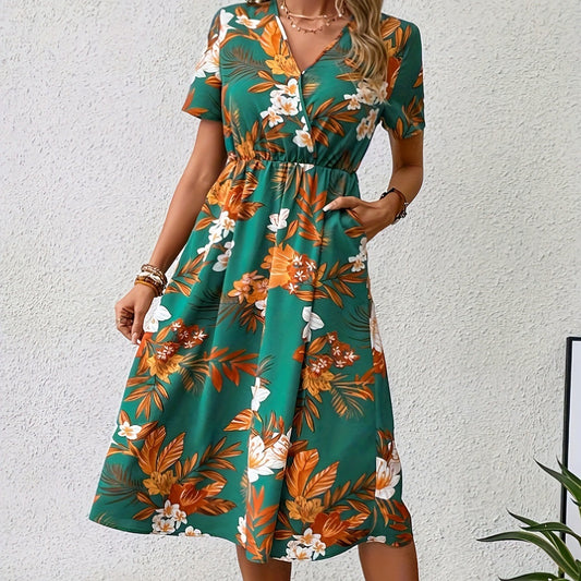 Floral Midi Dress With V-Neck and Short Sleeves