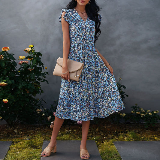 V-neck Floral Print Short Sleeve Dress