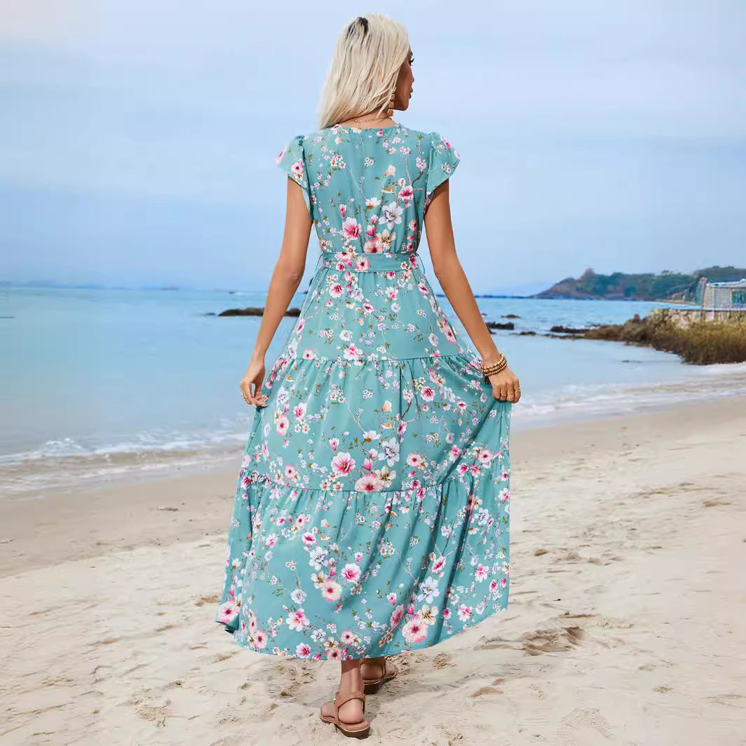 European And American Printed Waist Girdling Band V-Neck Dress