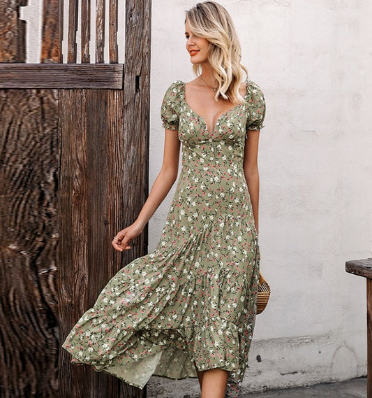 Bohemian Floral Puff Sleeve Dress
