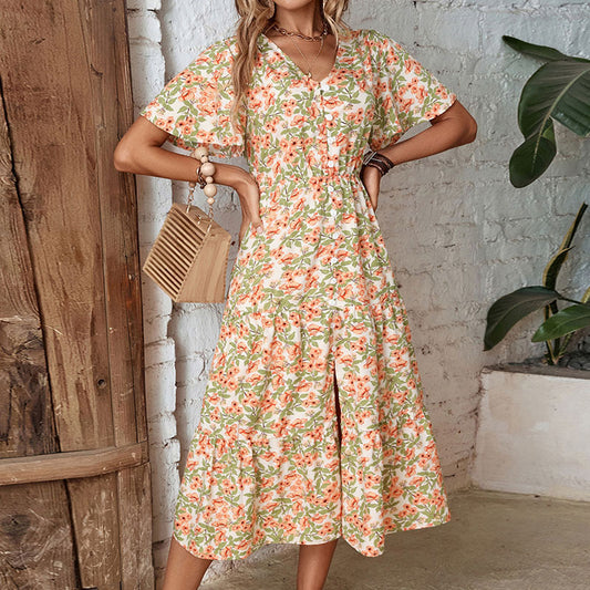 Women's Fashion Vintage Floral V-Neck Midi Dress