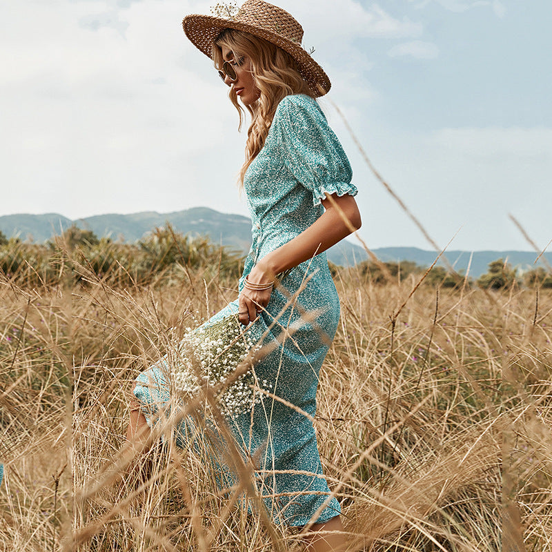V-Neck Short Sleeve Skirt Single Breasted Midi Print Dress