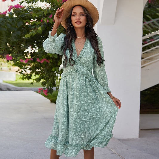European and American V-Neck Simple Print Dress