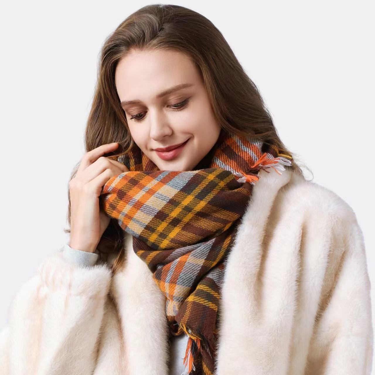 European And American Autumn And Winter Plaid Square Scarf Shawl