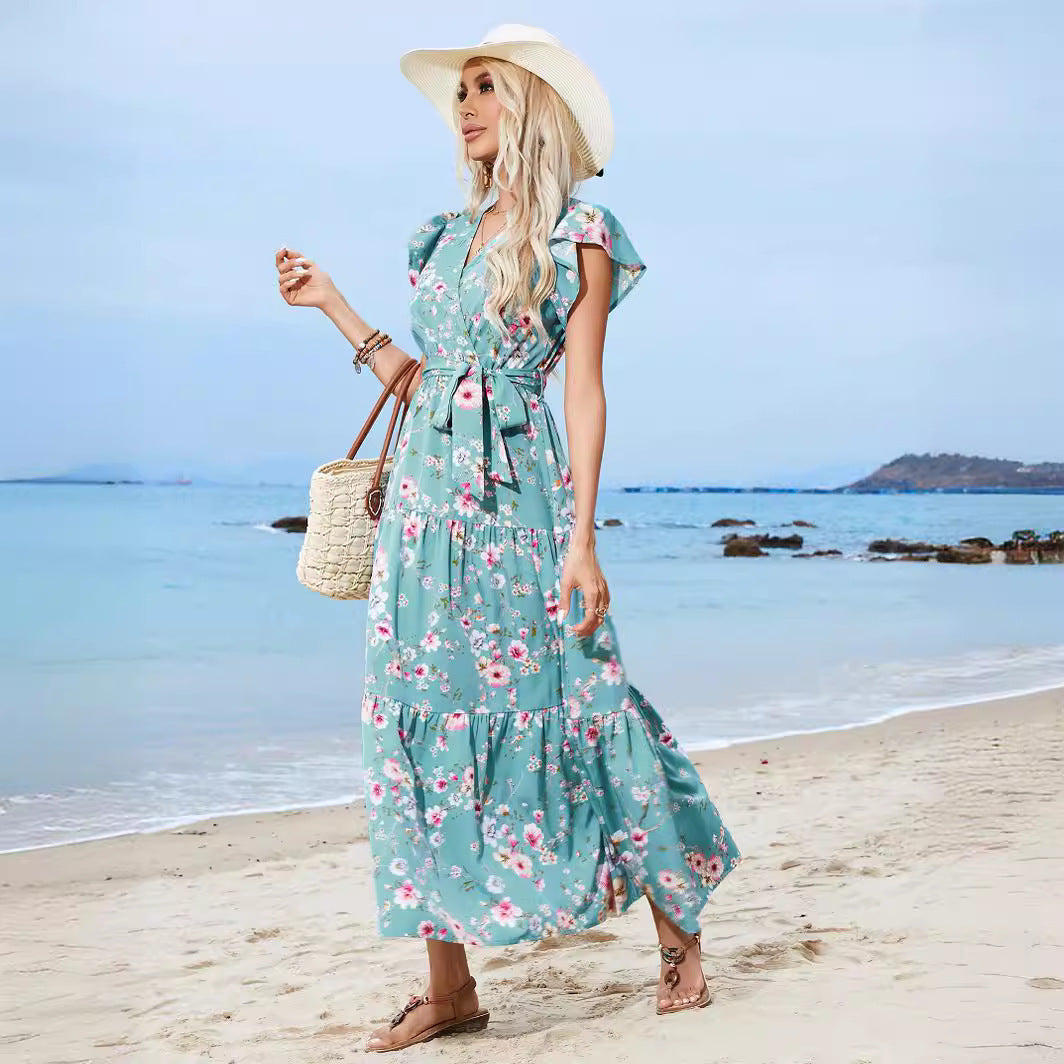 European And American Printed Waist Girdling Band V-Neck Dress