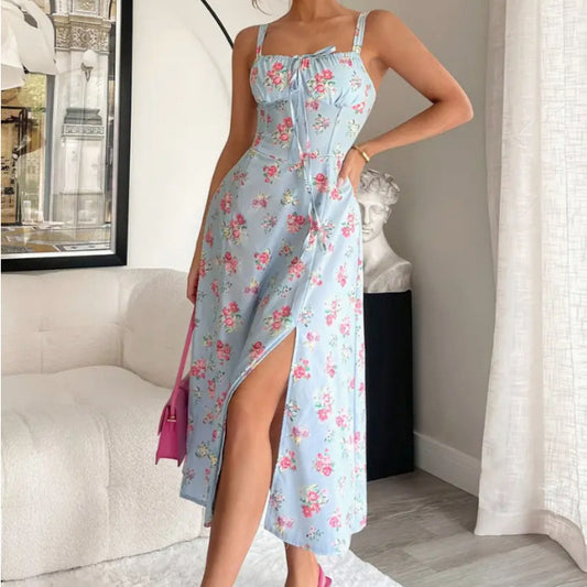 Women's Chest Strap Midi Floral Dress