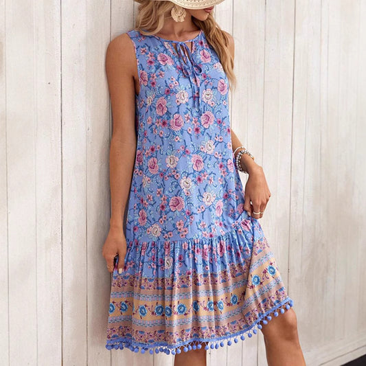 Casual Bohemian Printed V-neck Dress