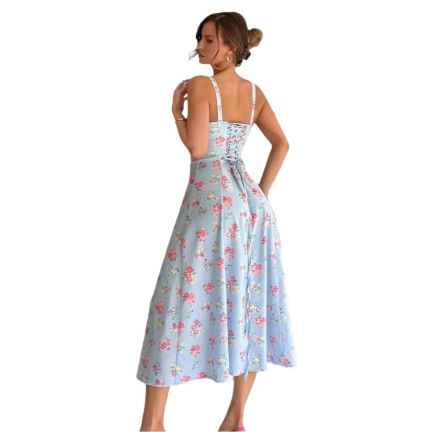 Women's Chest Strap Midi Floral Dress