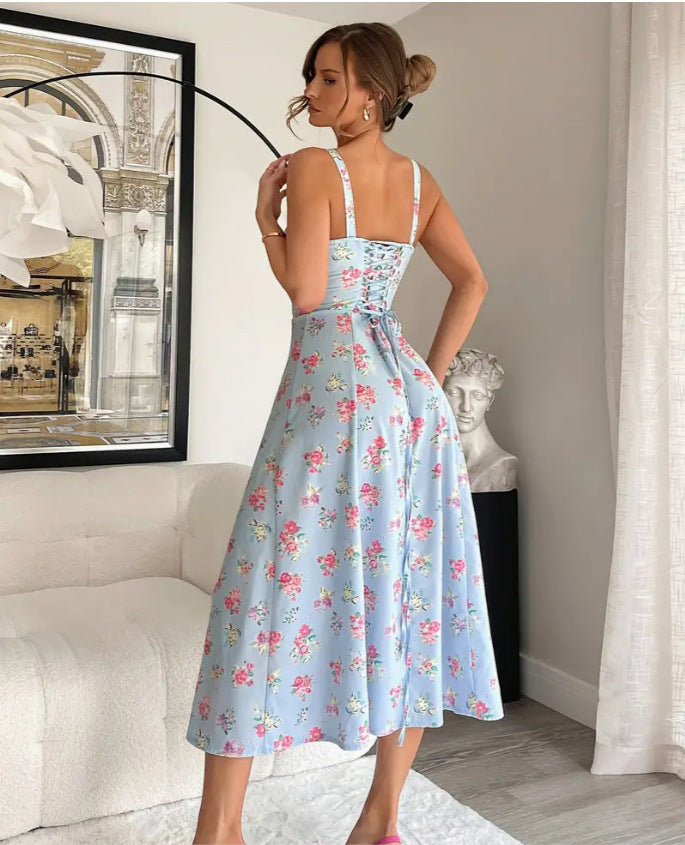 Women's Chest Strap Midi Floral Dress