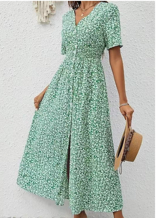 Summer New V-neck Printed Short Sleeve Dress Women