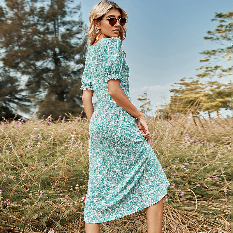 V-Neck Short Sleeve Skirt Single Breasted Midi Print Dress