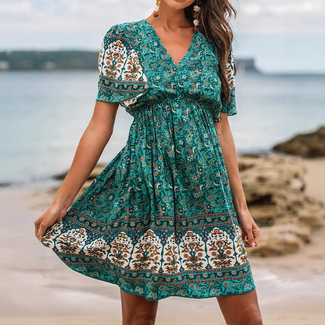 Bohemian Rayon Flower Green Dress
