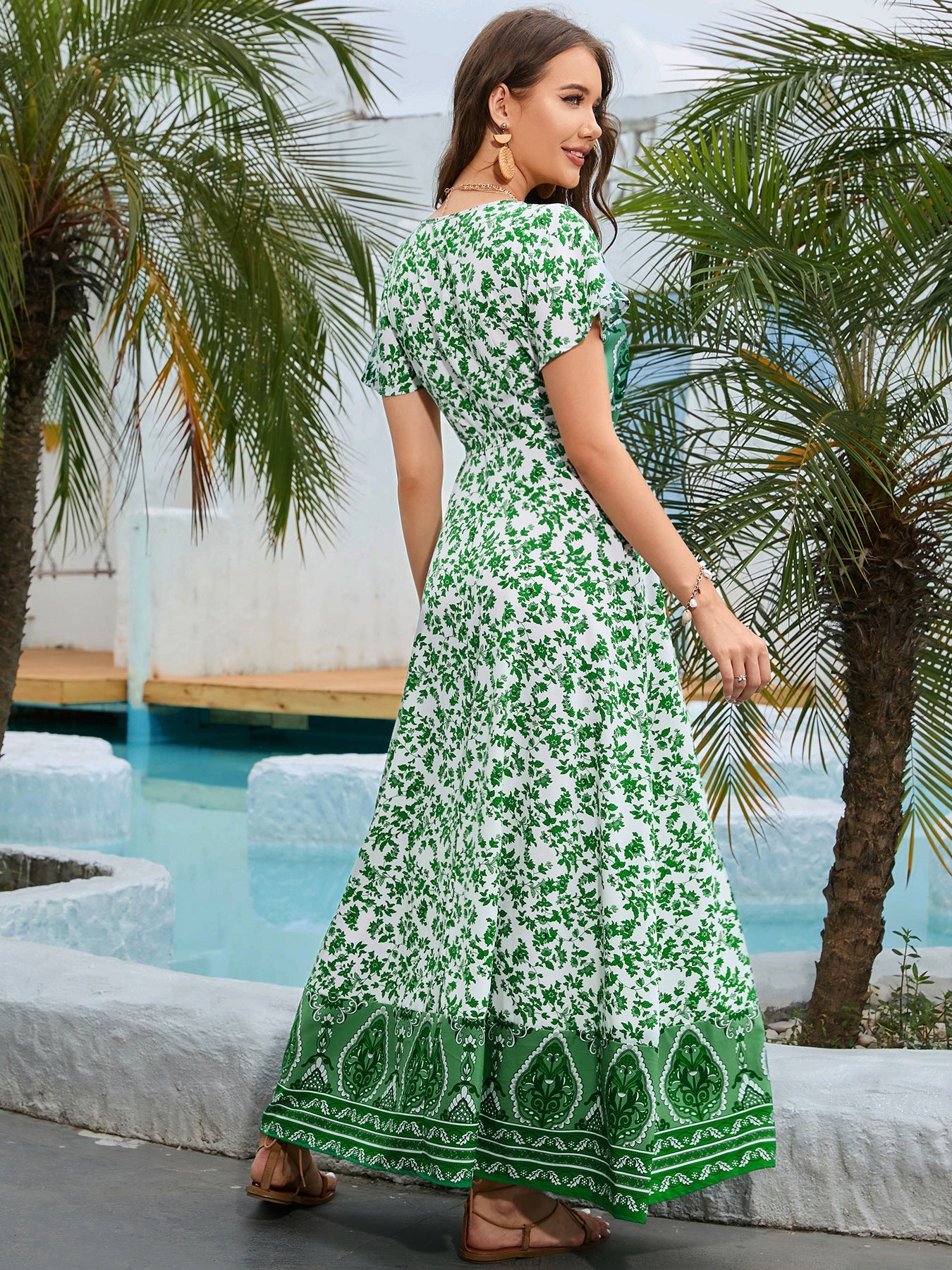 Women's V-Neck Summer Bohemian Casual Short Sleeve Floral Print Maxi Dress