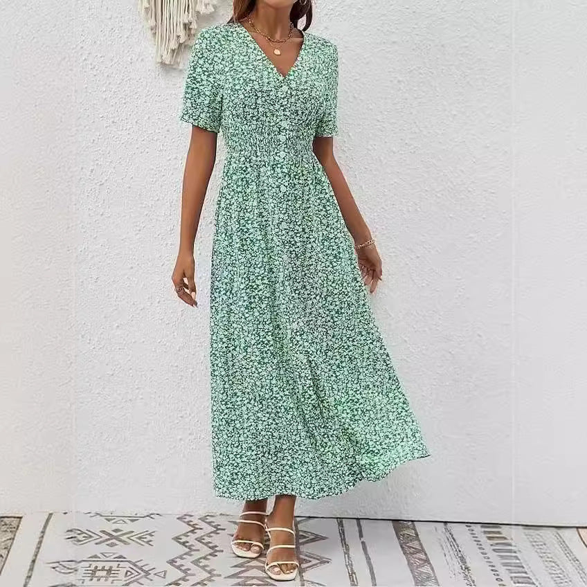 Summer New V-neck Printed Short Sleeve Dress Women