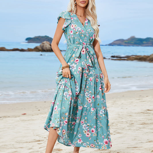 European And American Printed Waist Girdling Band V-Neck Dress